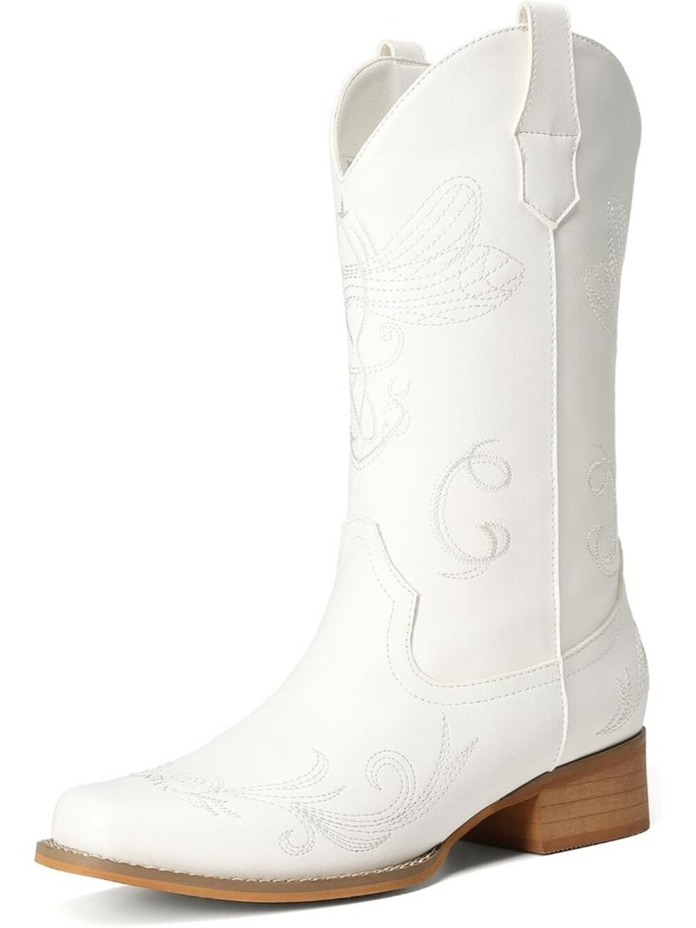 Women’s White Mid Calf Cowboy Boots Embroidered Stitched Square Toe Western Boot